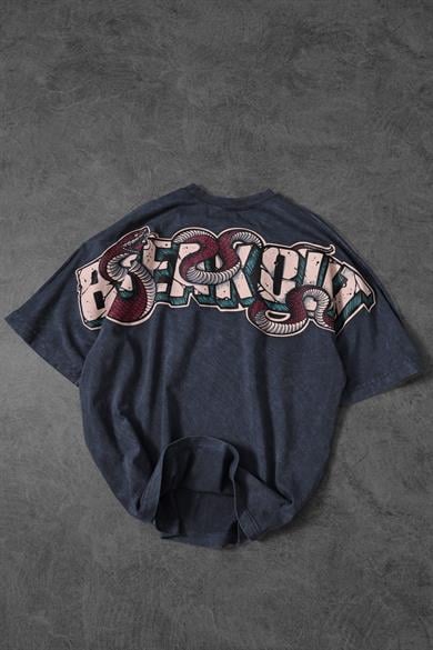 Erkek Mavi Snake Baskı Özel Yıkamalı Kumaş  Oversize Tshirt
