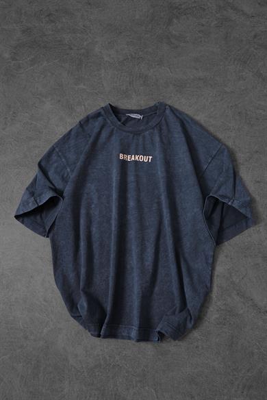 Erkek Mavi Snake Baskı Özel Yıkamalı Kumaş  Oversize Tshirt