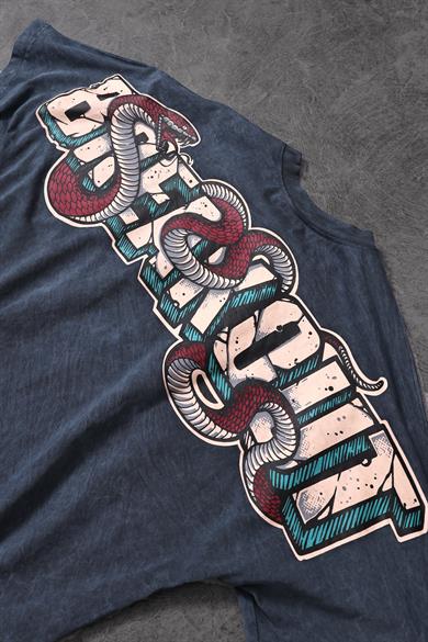 Erkek Mavi Snake Baskı Özel Yıkamalı Kumaş  Oversize Tshirt