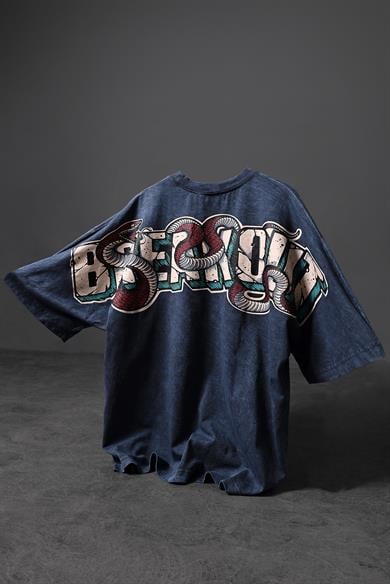 Erkek Mavi Snake Baskı Özel Yıkamalı Kumaş  Oversize Tshirt