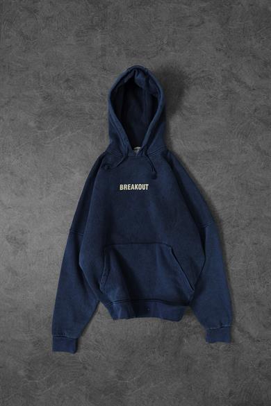 Erkek Mavi Snake Yıkamalı Kapüşonlu Oversize Sweatshirt