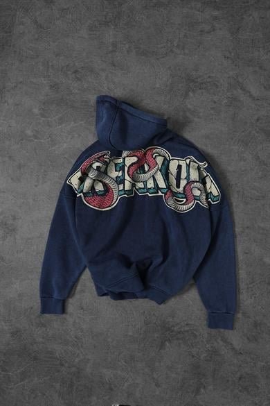 Erkek Mavi Snake Yıkamalı Kapüşonlu Oversize Sweatshirt