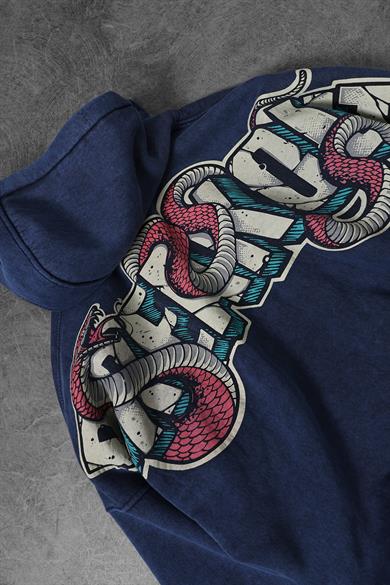 Erkek Mavi Snake Yıkamalı Kapüşonlu Oversize Sweatshirt