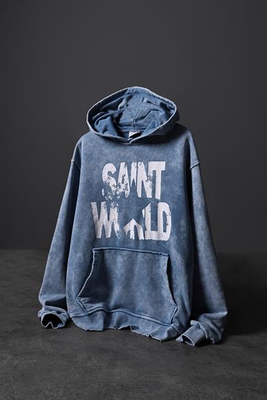 Erkek Mavi Star Özel Yıkamalı Oversize Kapüşonlu Sweatshirt