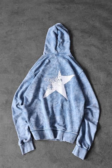 Erkek Mavi Star Özel Yıkamalı Oversize Kapüşonlu Sweatshirt