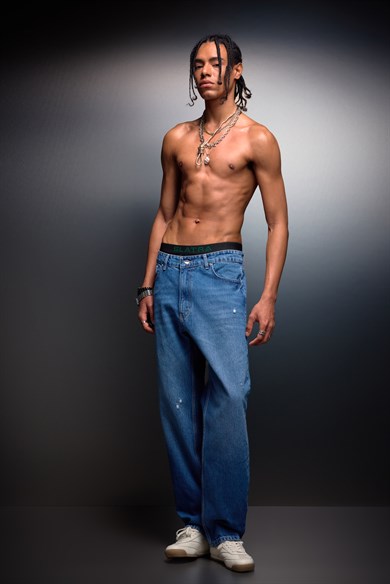 Erkek Mavi Straight Denim Pantolon