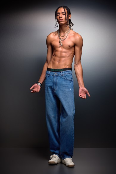 Erkek Mavi Straight Denim Pantolon