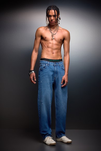 Erkek Mavi Straight Denim Pantolon