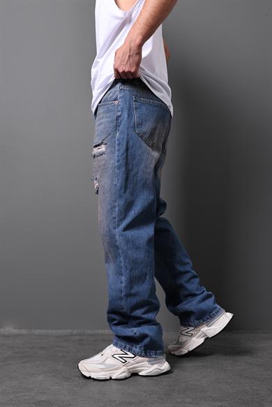 Erkek Mavi Taşlı Efektli Yırtık Detay Baggy Pantolon