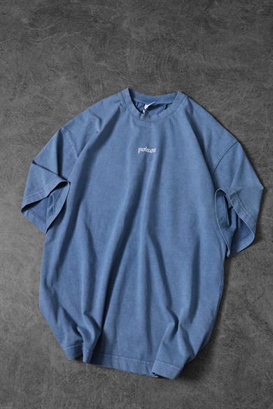 Erkek Mavi Viper Özel Yıkamalı Kumaş Oversize Tshirt