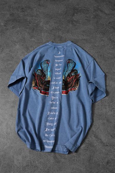 Erkek Mavi Viper Özel Yıkamalı Kumaş Oversize Tshirt
