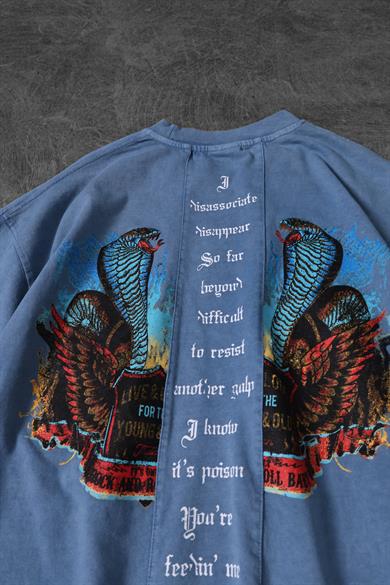 Erkek Mavi Viper Özel Yıkamalı Kumaş Oversize Tshirt