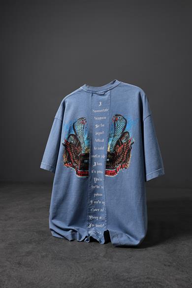 Erkek Mavi Viper Özel Yıkamalı Kumaş Oversize Tshirt