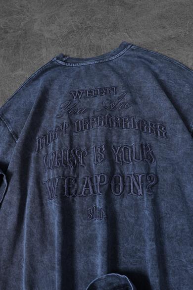 Erkek Mavi Whats Your Weapon? Nakışlı Özel Yıkamalı Oversize Tshirt