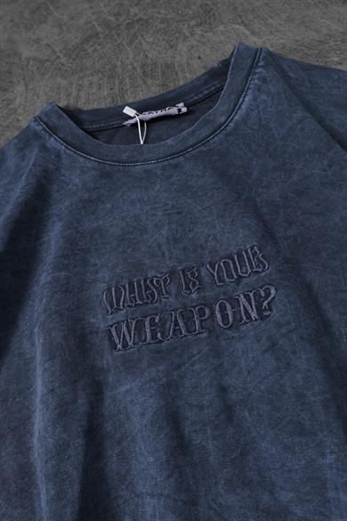 Erkek Mavi Whats Your Weapon? Nakışlı Özel Yıkamalı Oversize Tshirt