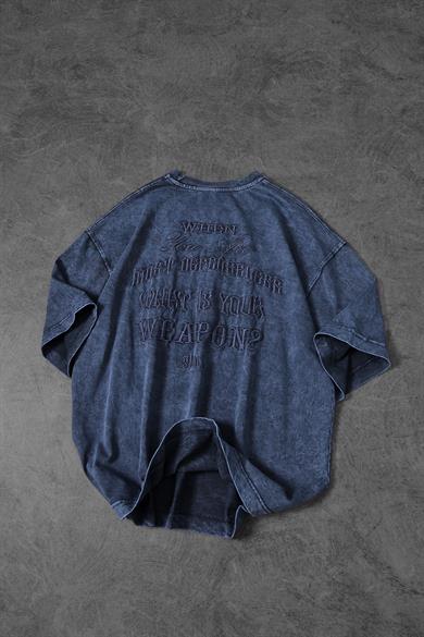 Erkek Mavi Whats Your Weapon? Nakışlı Özel Yıkamalı Oversize Tshirt