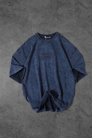Erkek Mavi Whats Your Weapon? Nakışlı Özel Yıkamalı Oversize Tshirt