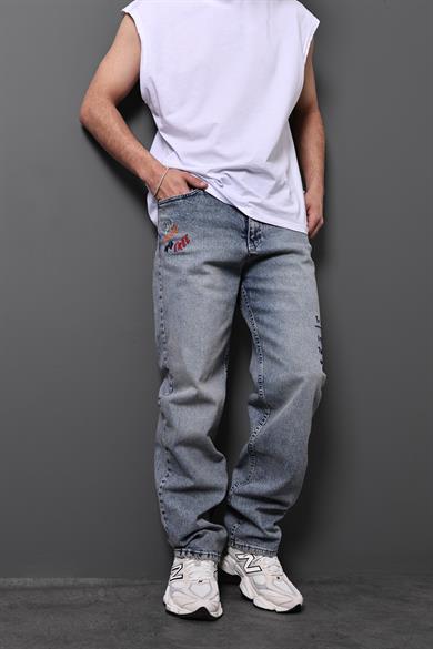 Erkek Mavi Wild Young Nakışlı Taşlı Baggy Pantolon