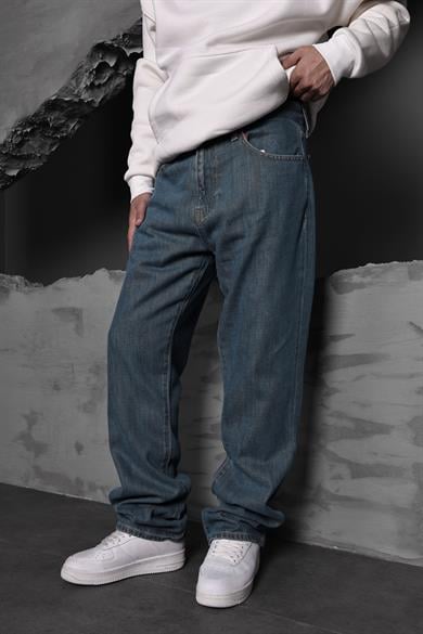 Erkek Mavi Yıkamalı Baggy Pantolon