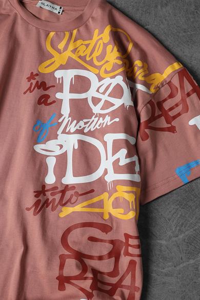 Erkek Mercan Yan Baskılı Oversize Tshirt