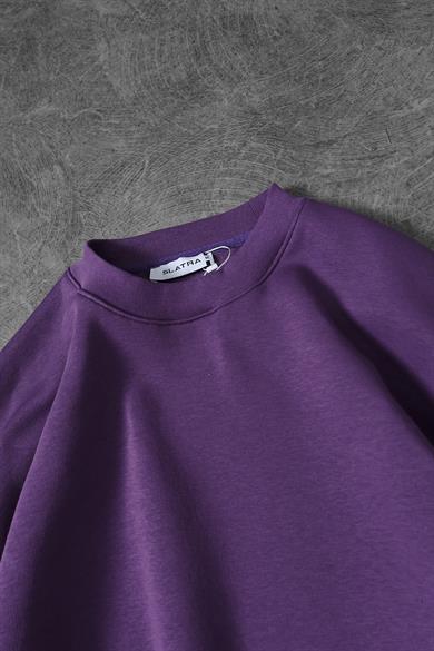 Erkek Mor Basic Bisiklet Yaka Oversize Sweatshirt
