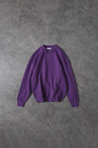 Erkek Mor Basic Bisiklet Yaka Oversize Sweatshirt