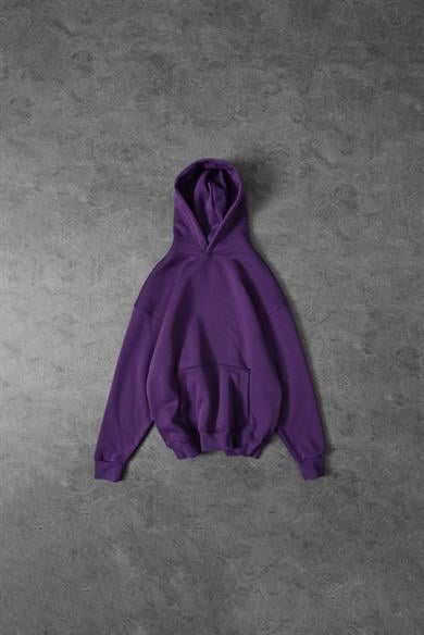 Erkek Mor Basic Kapüşonlu Oversize Sweatshirt