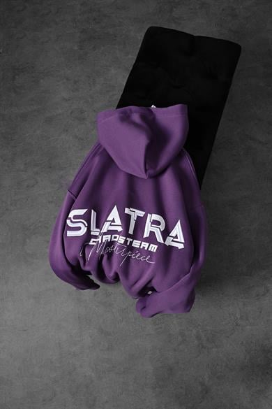 Erkek Mor Chaos Team Nakışlı Kapüşonlu Oversize Sweatshirt