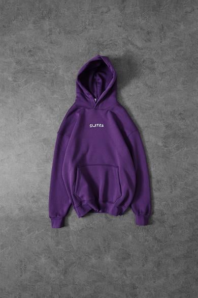 Erkek Mor Chaos Team Nakışlı Kapüşonlu Oversize Sweatshirt