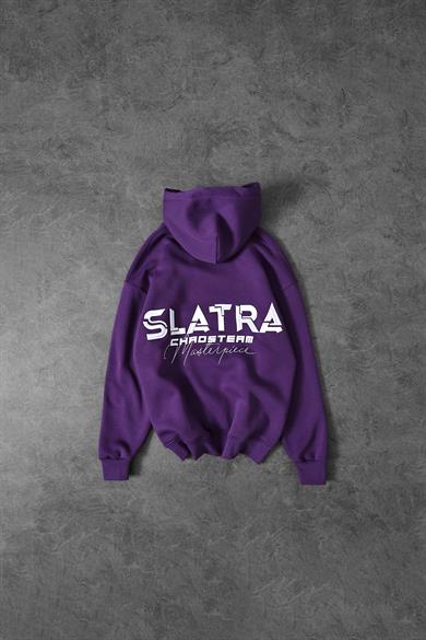 Erkek Mor Chaos Team Nakışlı Kapüşonlu Oversize Sweatshirt