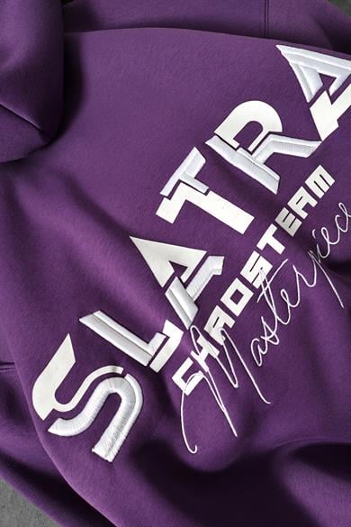 Erkek Mor Chaos Team Nakışlı Kapüşonlu Oversize Sweatshirt