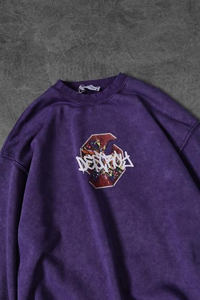 Erkek Mor Desire Yıkamalı Bisiklet Yaka Oversize Sweatshirt