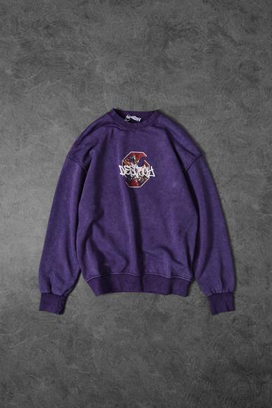 Erkek Mor Desire Yıkamalı Bisiklet Yaka Oversize Sweatshirt