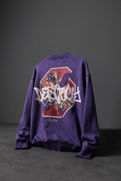 Erkek Mor Desire Yıkamalı Bisiklet Yaka Oversize Sweatshirt