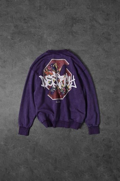 Erkek Mor Desire Yıkamalı Bisiklet Yaka Oversize Sweatshirt