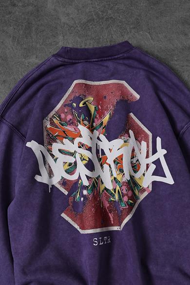 Erkek Mor Desire Yıkamalı Bisiklet Yaka Oversize Sweatshirt