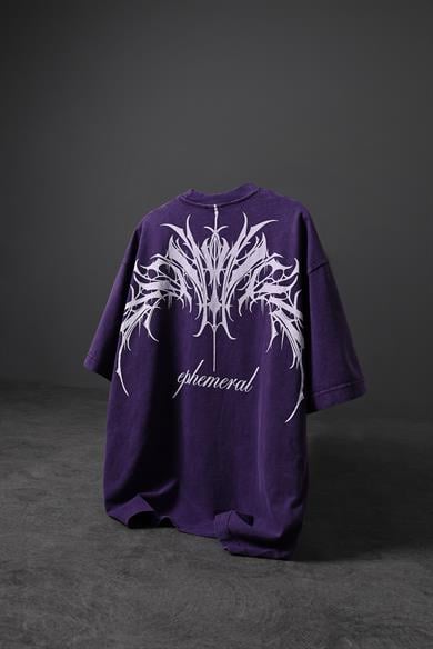 Erkek Mor Ephemeral Baskılı Özel Yıkamalı Kumaş Oversize Tshirt