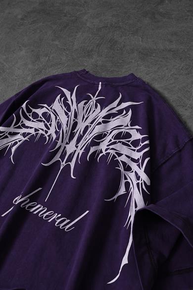 Erkek Mor Ephemeral Baskılı Özel Yıkamalı Kumaş Oversize Tshirt