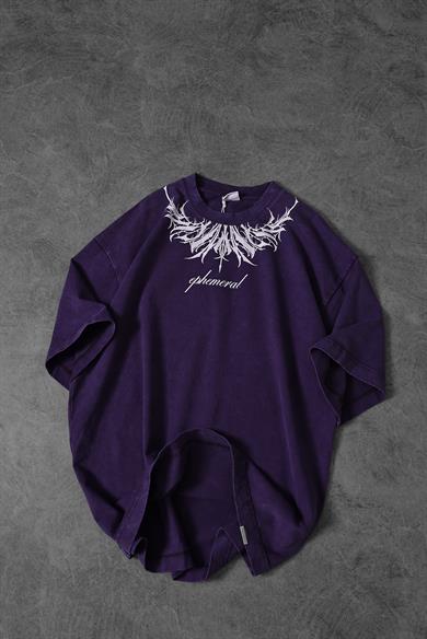 Erkek Mor Ephemeral Baskılı Özel Yıkamalı Kumaş Oversize Tshirt