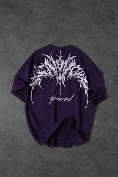 Erkek Mor Ephemeral Baskılı Özel Yıkamalı Kumaş Oversize Tshirt