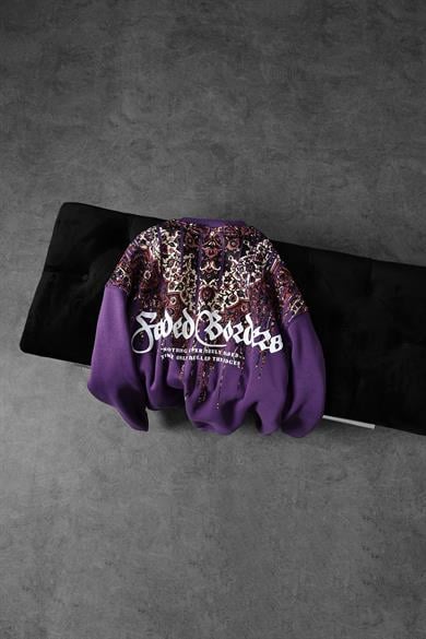Erkek Mor Faded Borders Yaka Baskılı Bisiklet Yaka Oversize Sweatshirt