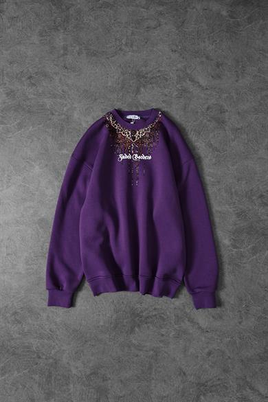Erkek Mor Faded Borders Yaka Baskılı Bisiklet Yaka Oversize Sweatshirt
