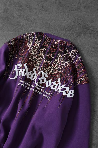 Erkek Mor Faded Borders Yaka Baskılı Bisiklet Yaka Oversize Sweatshirt