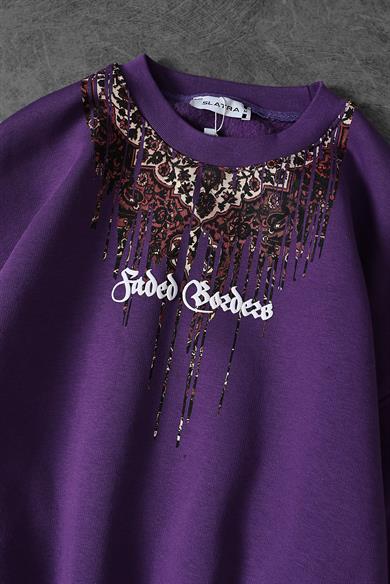 Erkek Mor Faded Borders Yaka Baskılı Bisiklet Yaka Oversize Sweatshirt
