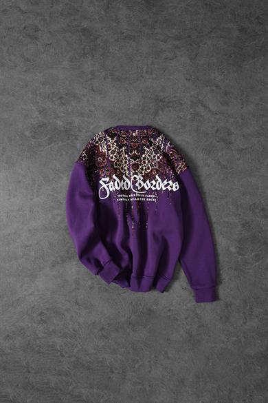 Erkek Mor Faded Borders Yaka Baskılı Bisiklet Yaka Oversize Sweatshirt