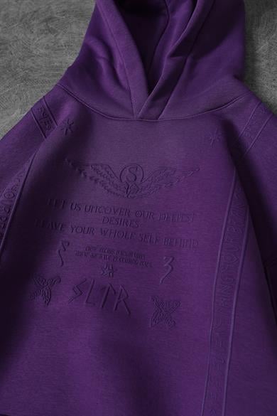 Erkek Mor Kabartma Baskı Kapüşonlu Oversize Sweatshirt