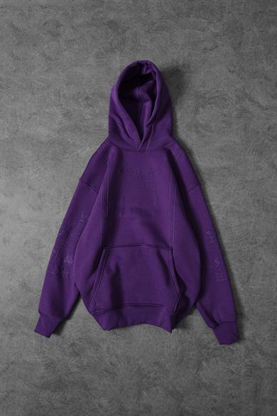 Erkek Mor Kabartma Baskı Kapüşonlu Oversize Sweatshirt