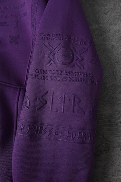 Erkek Mor Kabartma Baskı Kapüşonlu Oversize Sweatshirt