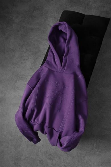 Erkek Mor Kabartma Baskı Kapüşonlu Oversize Sweatshirt