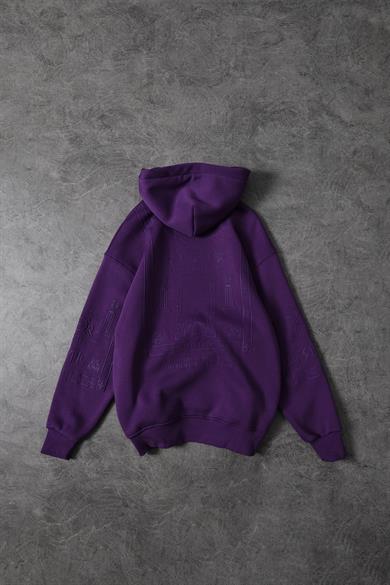 Erkek Mor Kabartma Baskı Kapüşonlu Oversize Sweatshirt